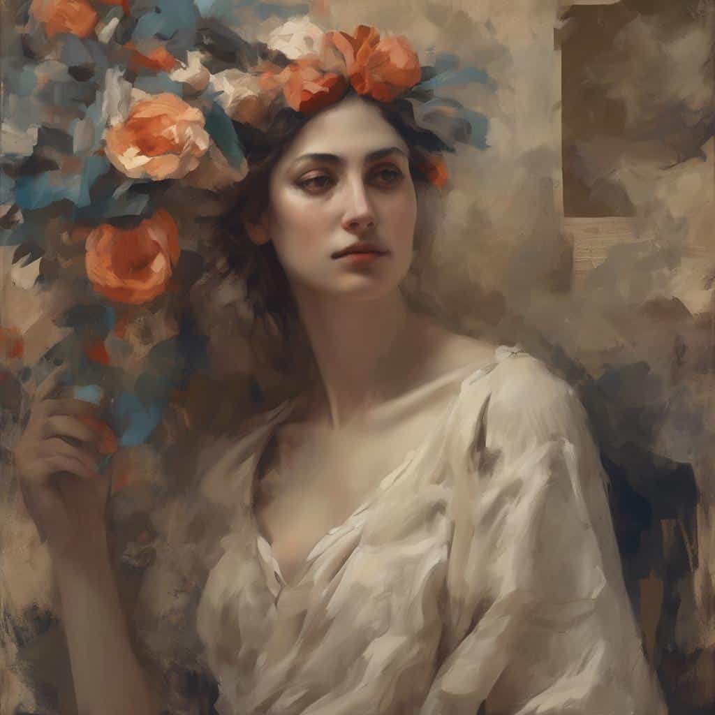 Λαμπερή γυναικεία μορφή με λουλούδια στο κεφάλι, σε ρομαντικό ανοιξιάτικο στυλ, από την συλλογή Από την Παραστατικότητα στην Αφαίρεση, ιδανική για χειροτεχνίες και δημιουργίες από δέρμα.